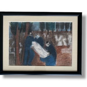 Vintage 'Under The Tree 'Abstract Figurative Original Oil Painting Original Framed Artwork