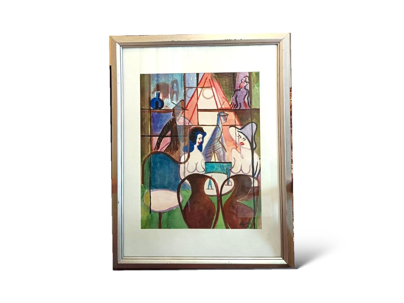 Abstract Large Original Watercolor Painting Signed and Dated Framed Vintage 80s Wall Art