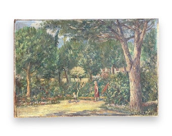 Dipinto di paesaggio vintage 'Con la mamma la sera' Olio su tavola originale firmato