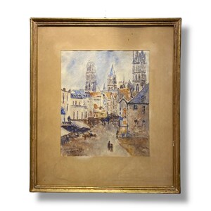 Vintage Cityscape Watercolor Original Painting Signed Artwork
