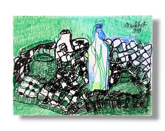 Vintage Abstract 90s Still Life  'The Picnic' Signed and Dated Artwork
