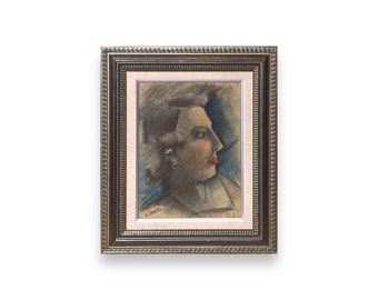 Jaren '90 Vintage Semi-Abstract Pastel Vrouw Portret 'Buurman' Gesigneerd en gedateerd Wall Art Mid -Century
