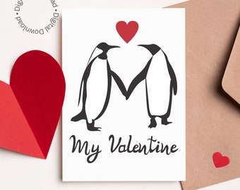 Penguin Lovers - Tarjeta imprimible del día de San Valentín - descarga digital