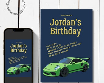 Invitación editable a fiesta de autos deportivos verdes. Plantilla Canva para fiesta infantil.
