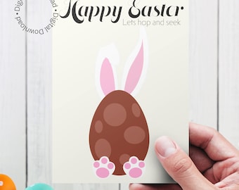 Tarjeta de conejito de Pascua adorable, escondido detrás de un huevo de chocolate (Descarga digital)