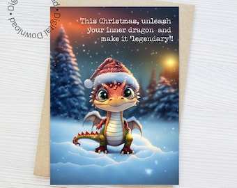 Tarjeta navideña de dragón imprimible, tarjeta festiva - Saludos de temporada.