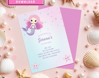 Plantilla editable de invitación de cumpleaños de sirena / Fiesta bajo el mar con temática pastel (descarga digital)