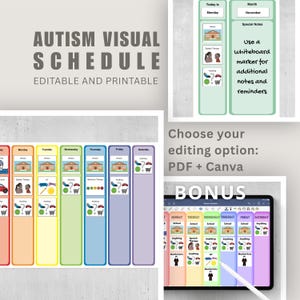 May include: An editable and printable autism visual schedule featuring daily columns in various colors, including icons for school, speech therapy, and shopping. The layout includes sections for notes, days of the week, and a digital tablet display.