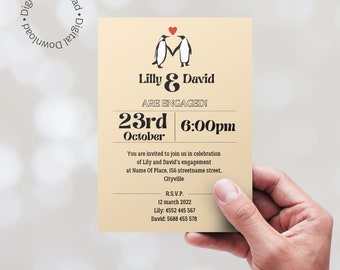Invitación minimalista para fiesta de compromiso con pingüinos enamorados. Plantilla imprimible de Canva.