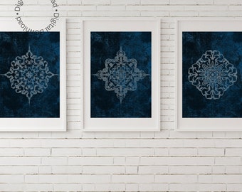 Printable Snowflake wall art, symmetry mandala modern art. Beautiful design digital artwork set of 3. Perfect for you or a gift