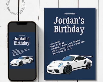 Invitación editable para fiesta de autos deportivos blancos. Plantilla Canva para fiesta infantil.