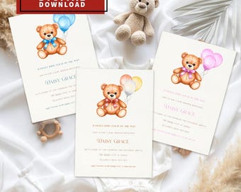 Plantillas de Canva para invitaciones de baby shower con osito de peluche (azul, rosa y neutro) - Invitación imprimible