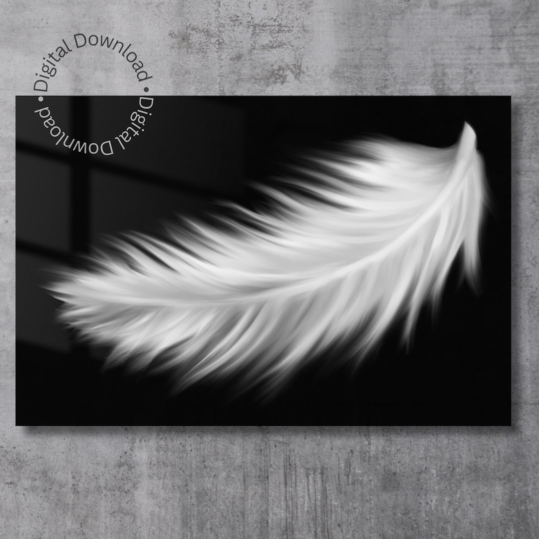 Feather Printable Wall Art White Feather On Black Digital Painting feather-printable-wall-art-white-feather-on-black-digital-painting
