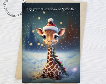 Tarjeta navideña de jirafa imprimible. Que tu Navidad sea "chirrifica"