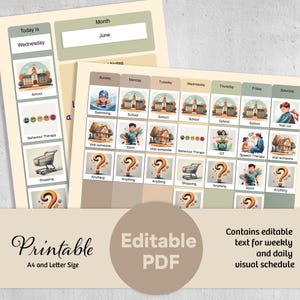 May include: Printable visual schedule for children with editable text for weekly and daily activities. The schedule includes images of school, swimming, sports, shopping, visiting someone, speech therapy, occupational therapy, and behavior therapy.