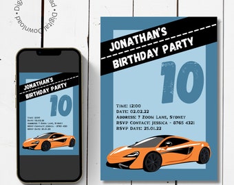 Plantilla Canva editable de invitación para fiesta de autos deportivos naranjas.