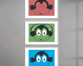 Arte imprimible de los 3 monos sabios: vibrantes obras de arte para el dormitorio de los niños