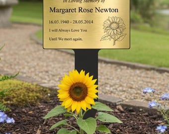 Personalised Memorial Stake, Plaque, Grave Marker, Tribute, Weatherproof Outdoor Garden, Gold, Silver or Copper Colour, Sunflower  01