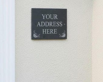 Personalised slate house sign 200 × 150 mm with butterfly design 01 – fully weatherproof, supplied with  holes for quick, easy installation.