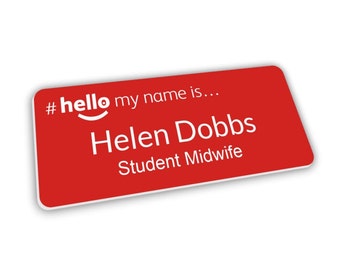 Hello My Name Is Premium Personalised Red White Text Name Badge