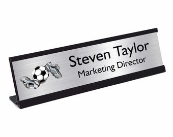 Office Desk Sign Personalised Name Plate Holder Desk Plaque With Black Desk Stand Work Office Home Football and Boots Design
