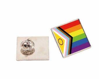 26mm Square Customised Metal Lapel Pin Badge Printed With Progressive Pride logo Silver Frame