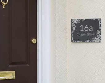Personalised slate house sign 200 × 150 mm with Floral Design – fully weatherproof, supplied with  holes for quick, easy installation.