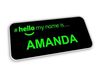 Black Hello My Name Is Badge Premium Personalised Large Bold Green Text Dementia Friendly 76 x 32mm