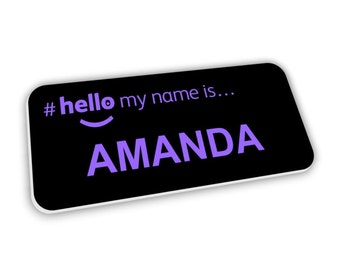 Black Hello My Name Is Badge Premium Personalised Large Bold Purple Text Dementia Friendly 76 x 32mm