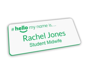 Hello My Name Is Premium Personalised White Light Green Text Name Badge