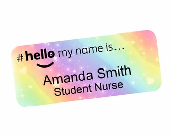 Hallo, mein Name ist Regenbogen und Sterne Hintergrund Namensschild Tag NHS Personal Registered Nurse Doktor Studenten Hebamme