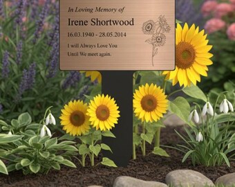 Personalised Memorial Stake, Plaque, Grave Marker, Tribute, Weatherproof Outdoor Garden, Gold, Silver or Copper Colour, Sunflower 02