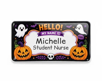 Personalised Halloween Hello My Name Is Badge, Resin Domed Staff Name Badge, Spooky Work Badge, Custom Name Tag, Pin or Magnetic Fastener 02