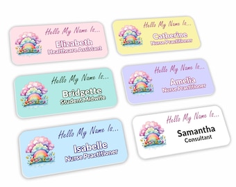 Hello My Name Is Whimsical Rainbow Badge Pastel Background 02 Student Nurse Midwife Doctor NHS Hospital General Practitioner 76 x 32mm