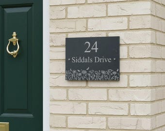 Personalised slate house sign 200 × 150 mm Butterfly Meadow design  – fully weatherproof, supplied with holes for quick, easy installation.