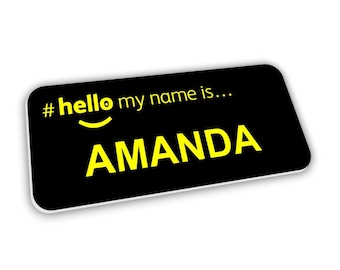 Black Hello My Name Is Badge Premium Personalised Large Bold Yellow Text Dementia Friendly 76 x 32mm
