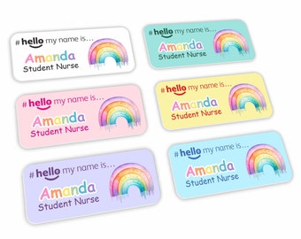 Hello My Name Is Whimsical Rainbow Badge Pastel Background 01 Student Nurse Midwife Doctor NHS Hospital General Practitioner 76 x 32mm