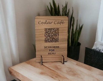 Letrero de mesa de madera con código QR personalizado para su restaurante, cafetería, bar, salón de té, letrero de mesa de madera hecho a medida con código QR de su elección