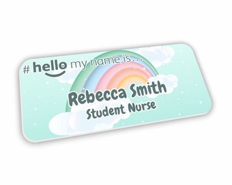 Badge Hello My Name is tons pastel arc-en-ciel et étoiles sur fond vert étudiante infirmière sage-femme généraliste médecin personnalisé 76 x 32 mm