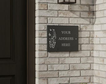 Personalised slate house sign 200 × 150 mm with butterfly design 02 – fully weatherproof, supplied with  holes for quick, easy installation.