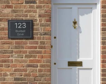 Personalised slate house sign 200 × 150 mm with border 02 – fully weatherproof, supplied with  holes for quick, easy installation.