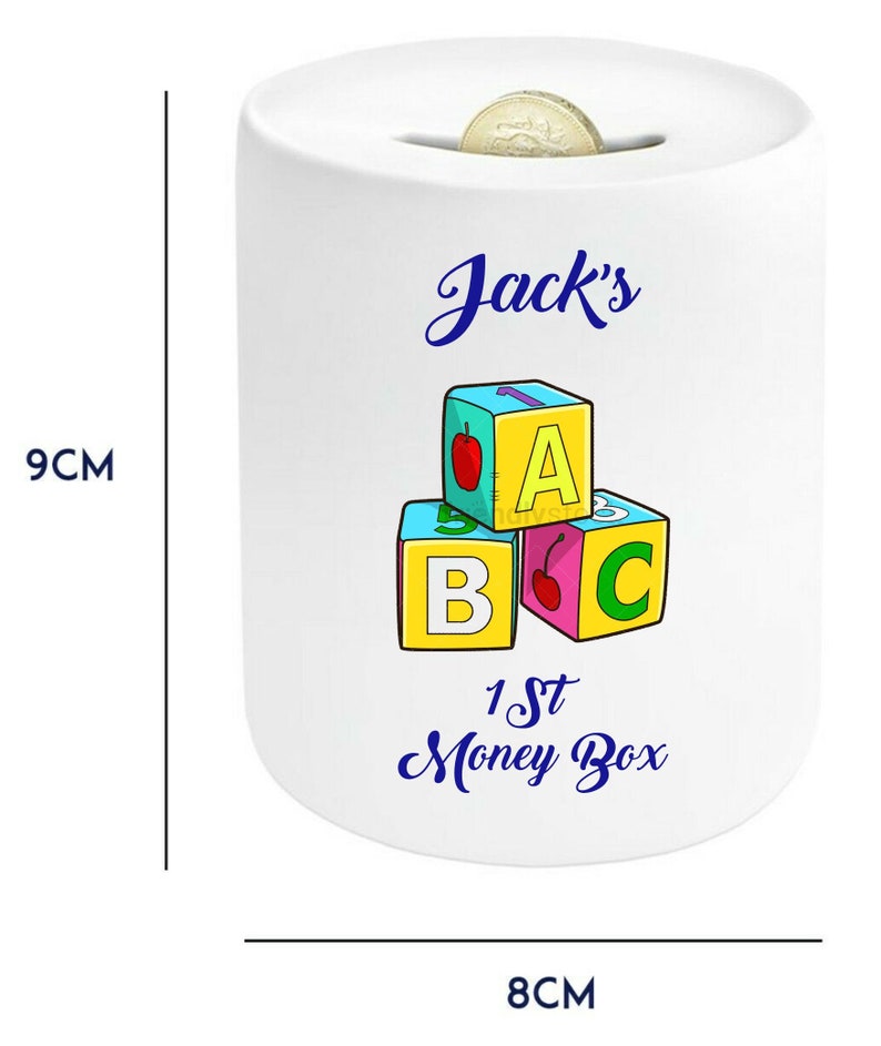 Personalisierte Jungen Spardose Premium Qualität Neugeborenen Geschenk Baby ABC Bausteine Bild 1