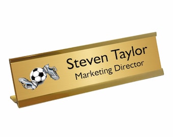 Office Desk Sign Personalised Name Plate Holder Desk Plaque With Gold Desk Stand Work Office Home Football and Boots Design