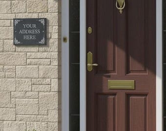 Personalised slate house sign 200 × 150 mm floral corner design  – fully weatherproof, supplied with holes for quick, easy installation.