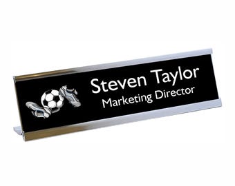 Office Desk Sign Personalised Name Plate Holder Desk Plaque With Silver Desk Stand Work Office Home Football and Boots Design