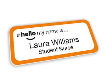 Badge Hello My Name Is, bordure orange, étudiant, infirmière, sage-femme, médecin généraliste, personnalisé, 76x32mm