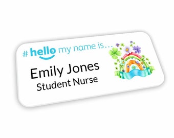 Hello My Name Is Badge Student Nurse Midwife Doctor NHS Hospital General Practitioner Nursery school Floral Boho Rainbow Pattern