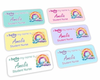 Hello My Name Is Whimsical Rainbow Badge Pastel Background 04 Student Nurse Midwife Doctor NHS Hospital General Practitioner 76 x 32mm