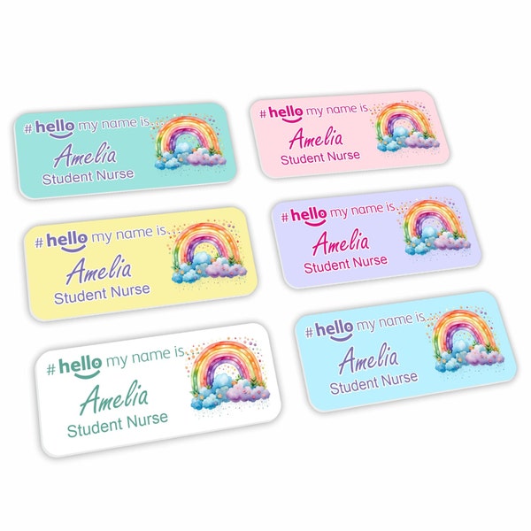 Hello My Name Is Whimsical Rainbow Badge Pastel Background 04 Student Nurse Midwife Doctor NHS Hospital General Practitioner 76 x 32mm