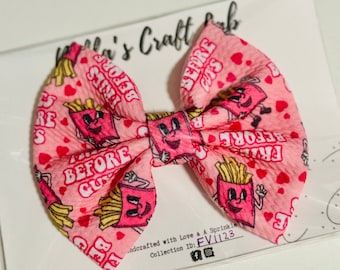 Valentines Day Hair Bow for Girls, Fries before Guys Bullet Fabric Hair Bow, Cute Valentines Bow, Valentines Handmade Hair Accessory
